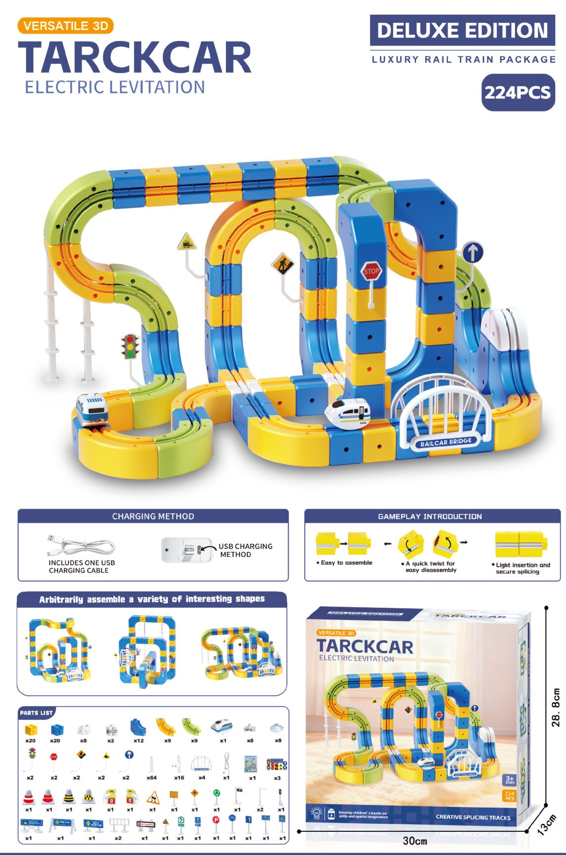A product listing graphic for the TARKCAR Deluxe Edition electric levitation toy set, showing the assembled multicolored track system, the retail box, and several informational feature diagrams on a white background.