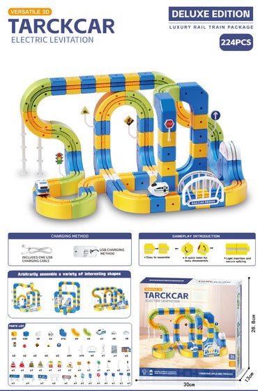 A product listing graphic for the TARKCAR Deluxe Edition electric levitation toy set, showing the assembled multicolored track system, the retail box, and several informational feature diagrams on a white background.