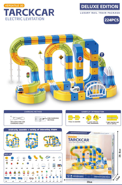 A product listing graphic for the TARKCAR Deluxe Edition electric levitation toy set, showing the assembled multicolored track system, the retail box, and several informational feature diagrams on a white background.