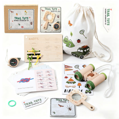 Trail Tots Wooden Kids Outdoor Exploration Kit – Educational Nature Adventure Set with Wooden Binoculars, Compass, Magnifying Glass & Scrapbook