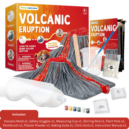 Volcanic eruption science experiment kit with packaging and components on a white background