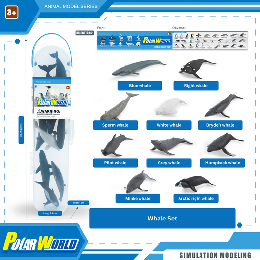 Polar World whale model set with packaging and whale illustrations on a white background