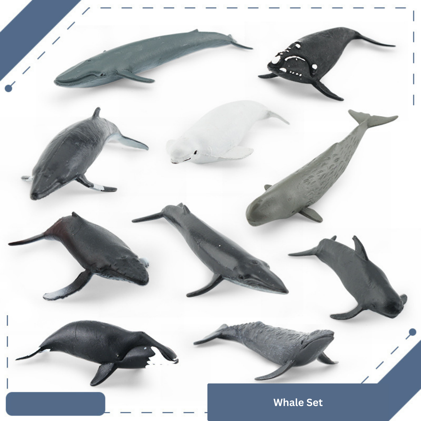 Set of whale figurines on a white background with 'Whale Set' label.