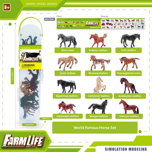 Farm Life toy horse set with packaging and variety of horse models on a white background