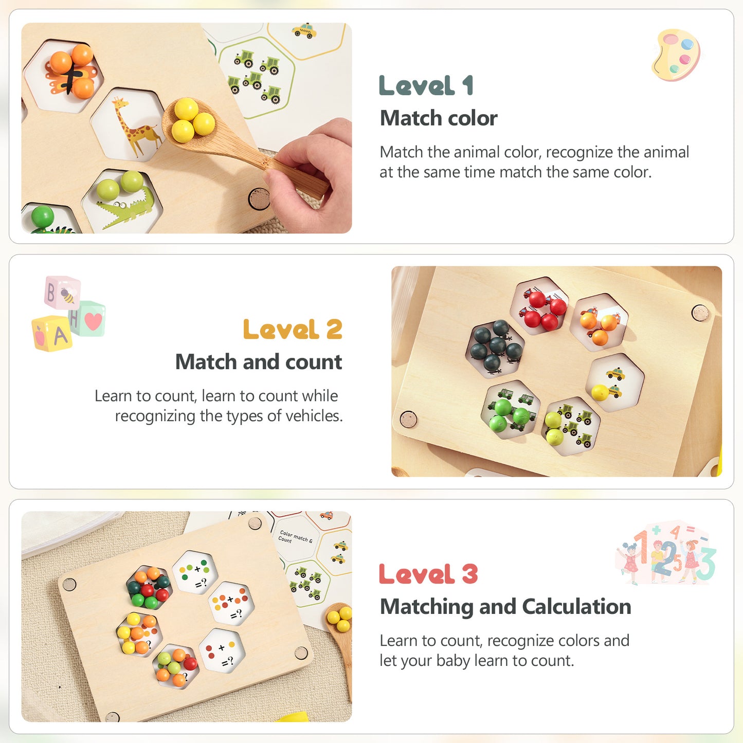 Educational game board with colorful shapes and numbers, divided into levels for learning.