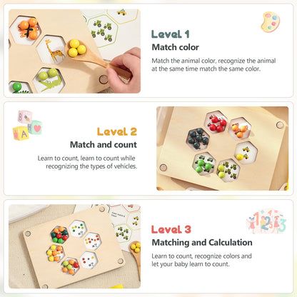 Educational game board with colorful shapes and numbers, divided into levels for learning.