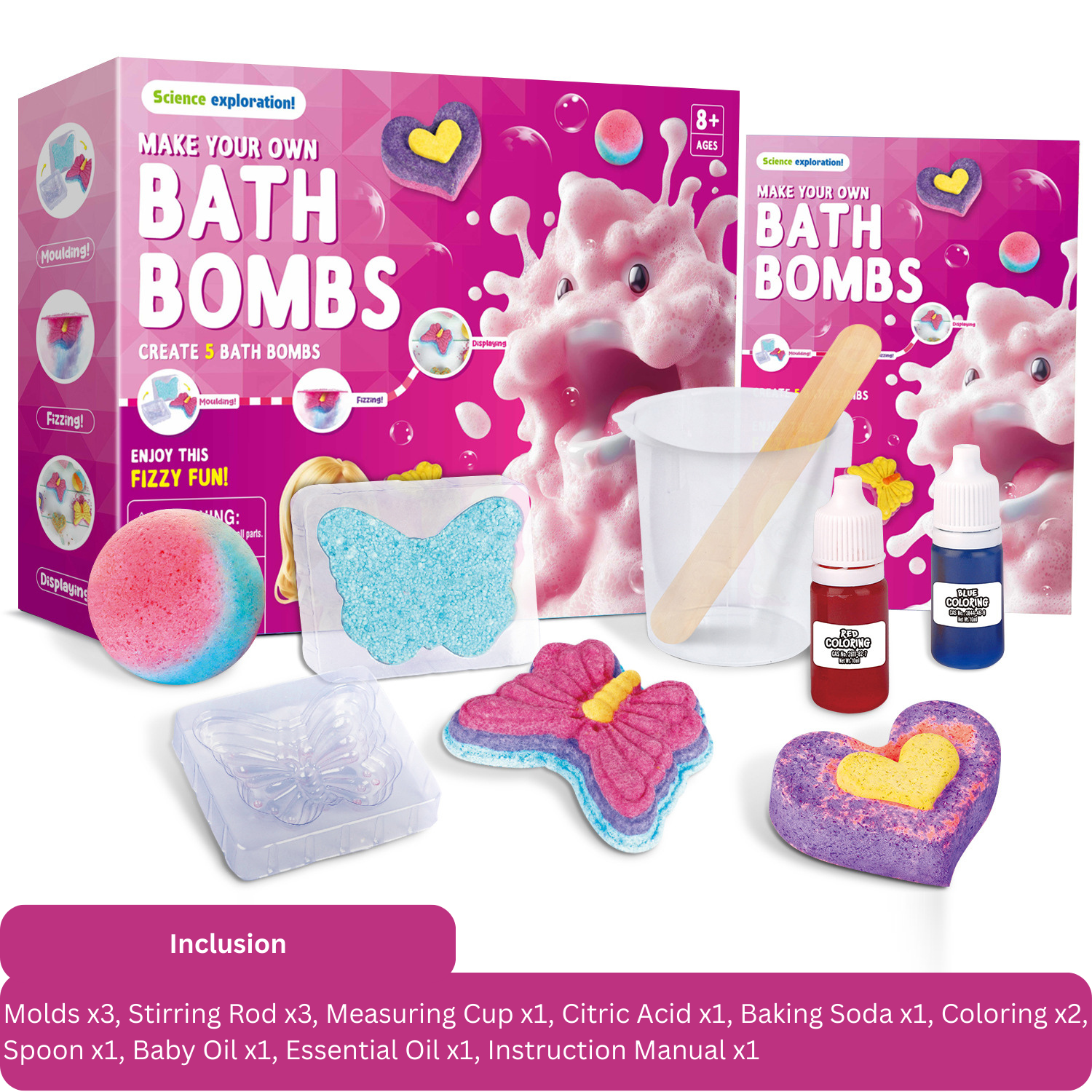 Make your own bath bombs kit with pink packaging, bath bombs, and ingredients on a white background.