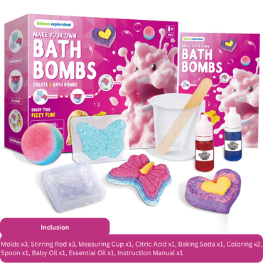 Make your own bath bombs kit with pink packaging, bath bombs, and ingredients on a white background.