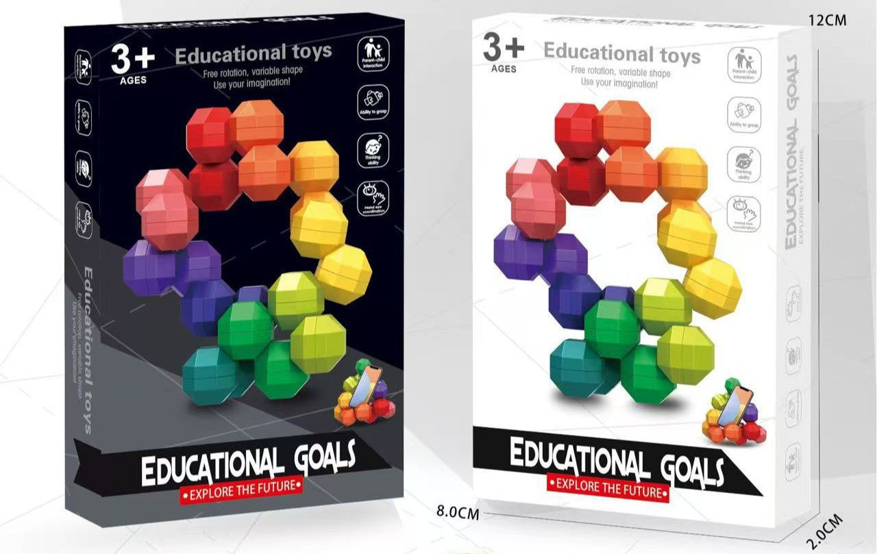 Rainbow geometric fidget puzzle in original packaging, showing transformable 3D faceted links and educational toy branding for ages 3 and up.
