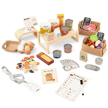 Wooden Grocery Store Pretend Play Set - Kids Market Stand Toy with POS Terminal, Play Money, Shopping List & Accessories