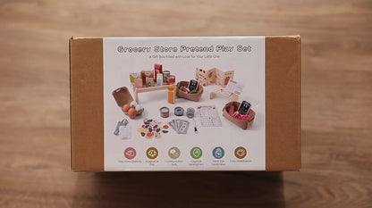 Wooden Grocery Store Pretend Play Set - Kids Market Stand Toy with POS Terminal, Play Money, Shopping List & Accessories